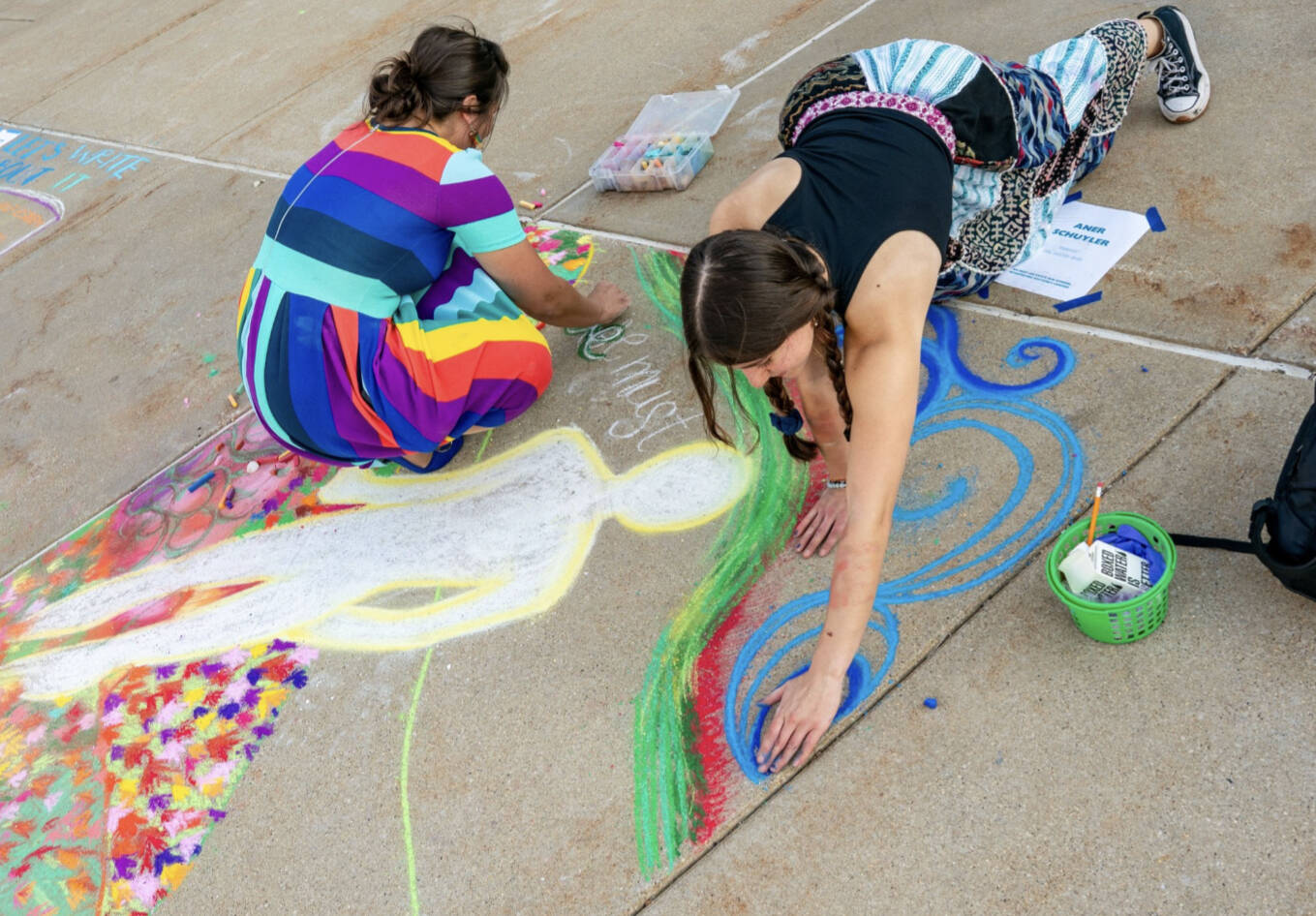 French Major Students Drawing with Chalk on the Sidewalk